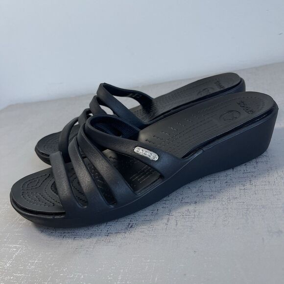 Crocs Rhonda Wedge Sandals Black Women's 8 Strappy Slip On Comfort Shoes - Picture 12 of 13